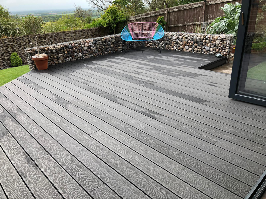 Modern grey composite decking with anti-slip surface, designed for outdoor durability
