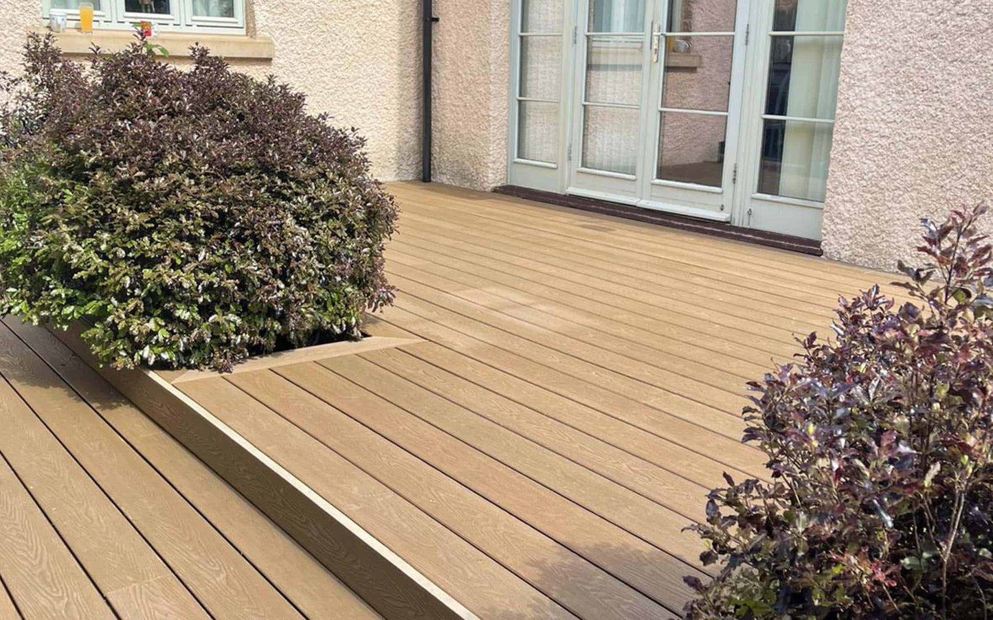 Warm teak artificial lumber, weather resistant and highly low maintenance