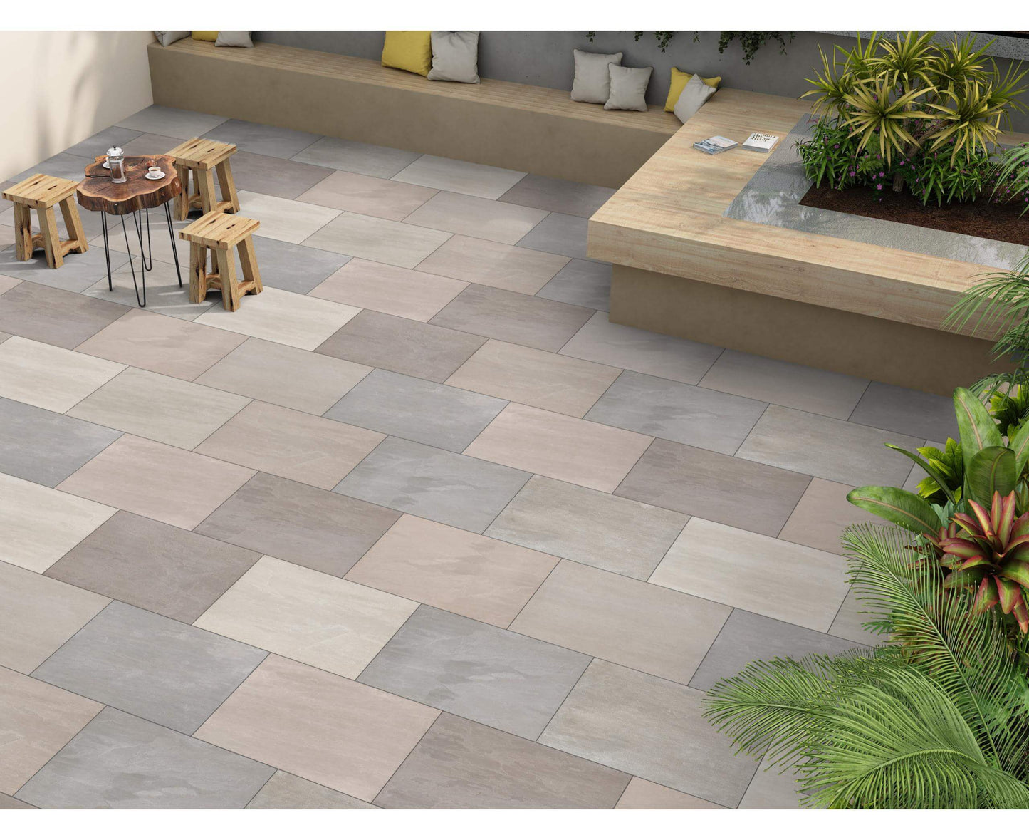 Bristol Green paving slabs, durable outdoor tiles in subtle green tones for garden design.