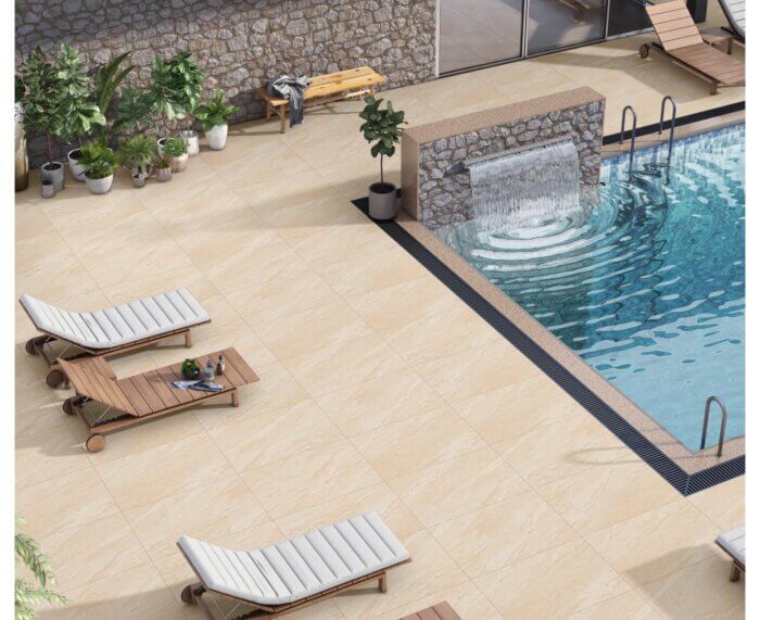 Canterbury Beige porcelain paving slabs, warm beige tones for stylish patios and gardens.