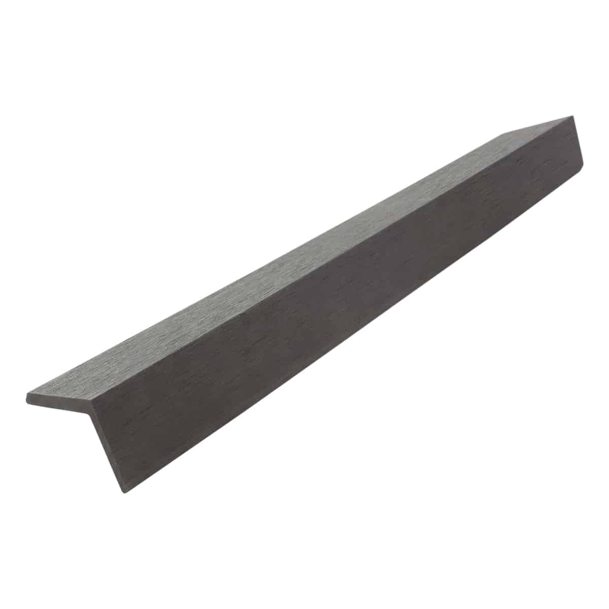 Close up of L shaped composite decking corner trim in black color, durable and weather-resistant for outdoor use