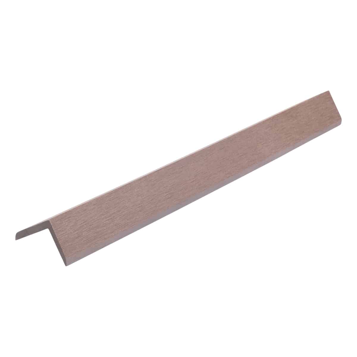Angled corner trim for composite decking oak color, designed to cover exposed edges and create a clean look