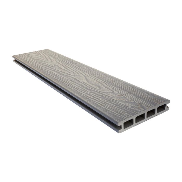 Grey composite decking board with woodgrain finish, ideal for garden and patio flooring