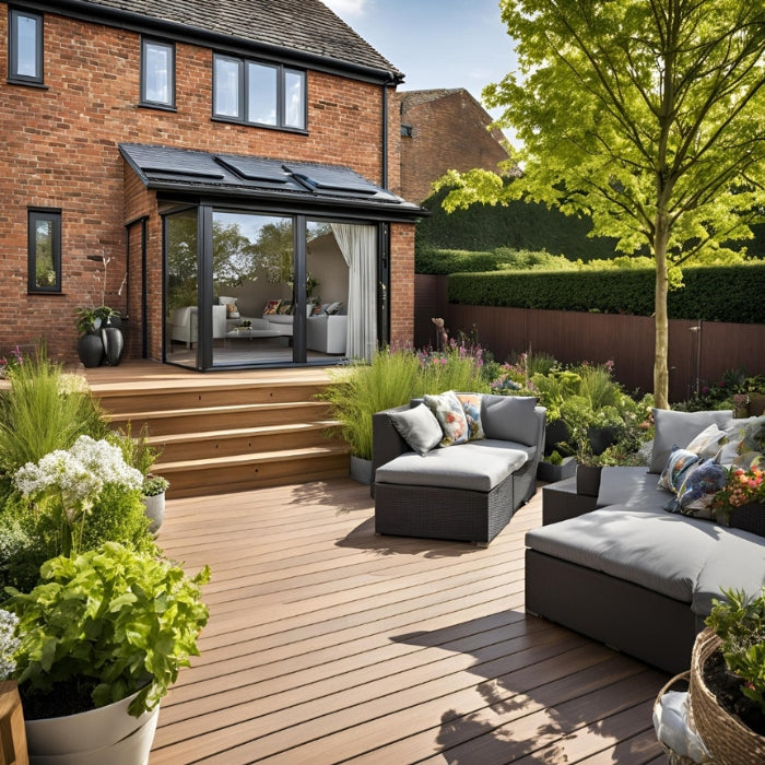 Close-up of teak finish decking board made from composite materials, ideal for patios