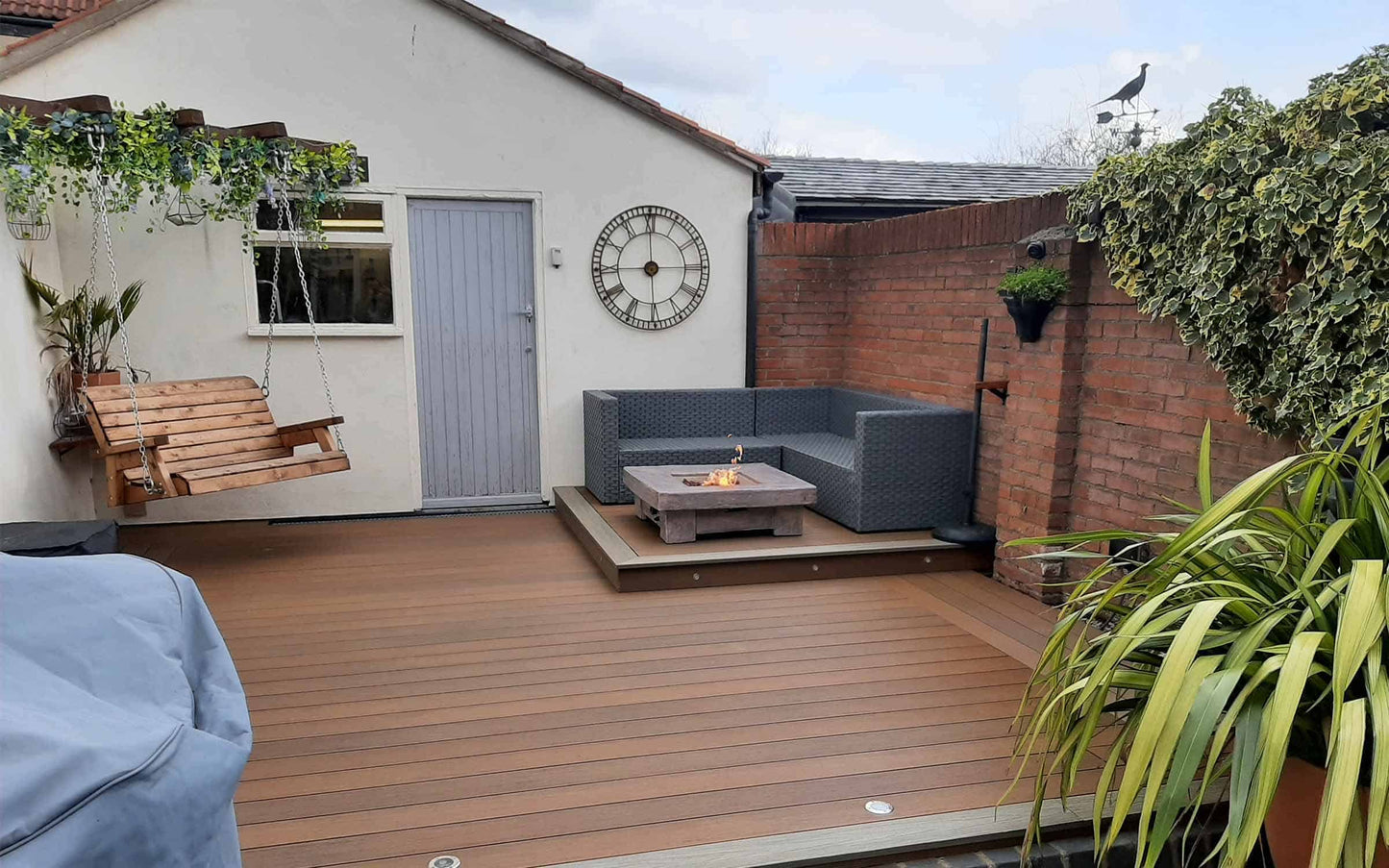 Close up of teak finish decking board made from WPC material, ideal for patios