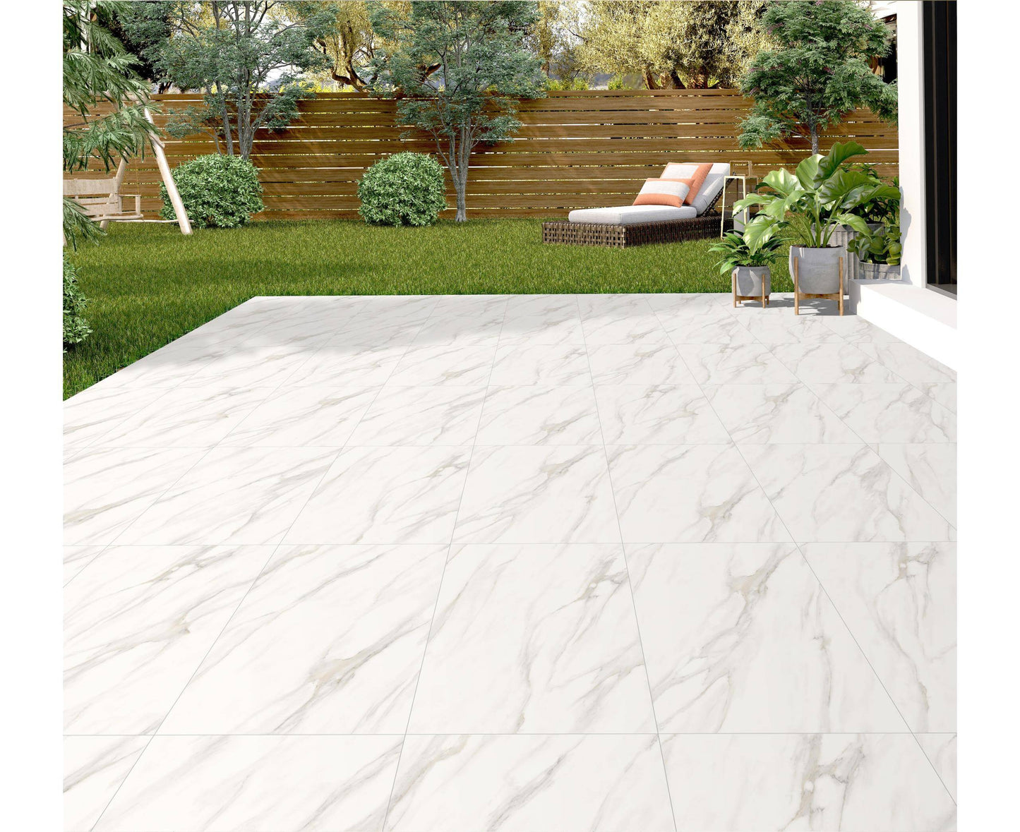 Glasgow Marble patio slabs, polished marble style porcelain for modern landscaping.
