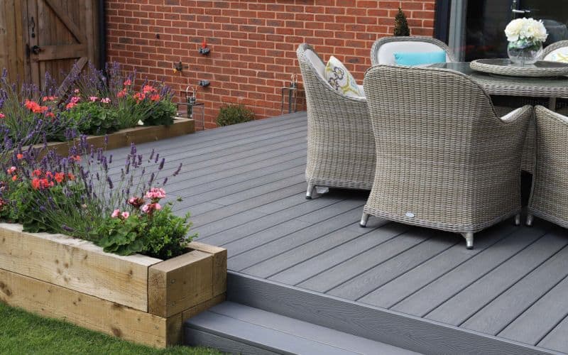 Modern grey decking board with anti-slip surface, designed for outdoor durability