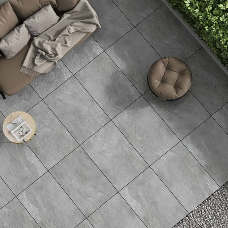 London Grey porcelain paving slabs, mid grey tiles for sleek modern patios.