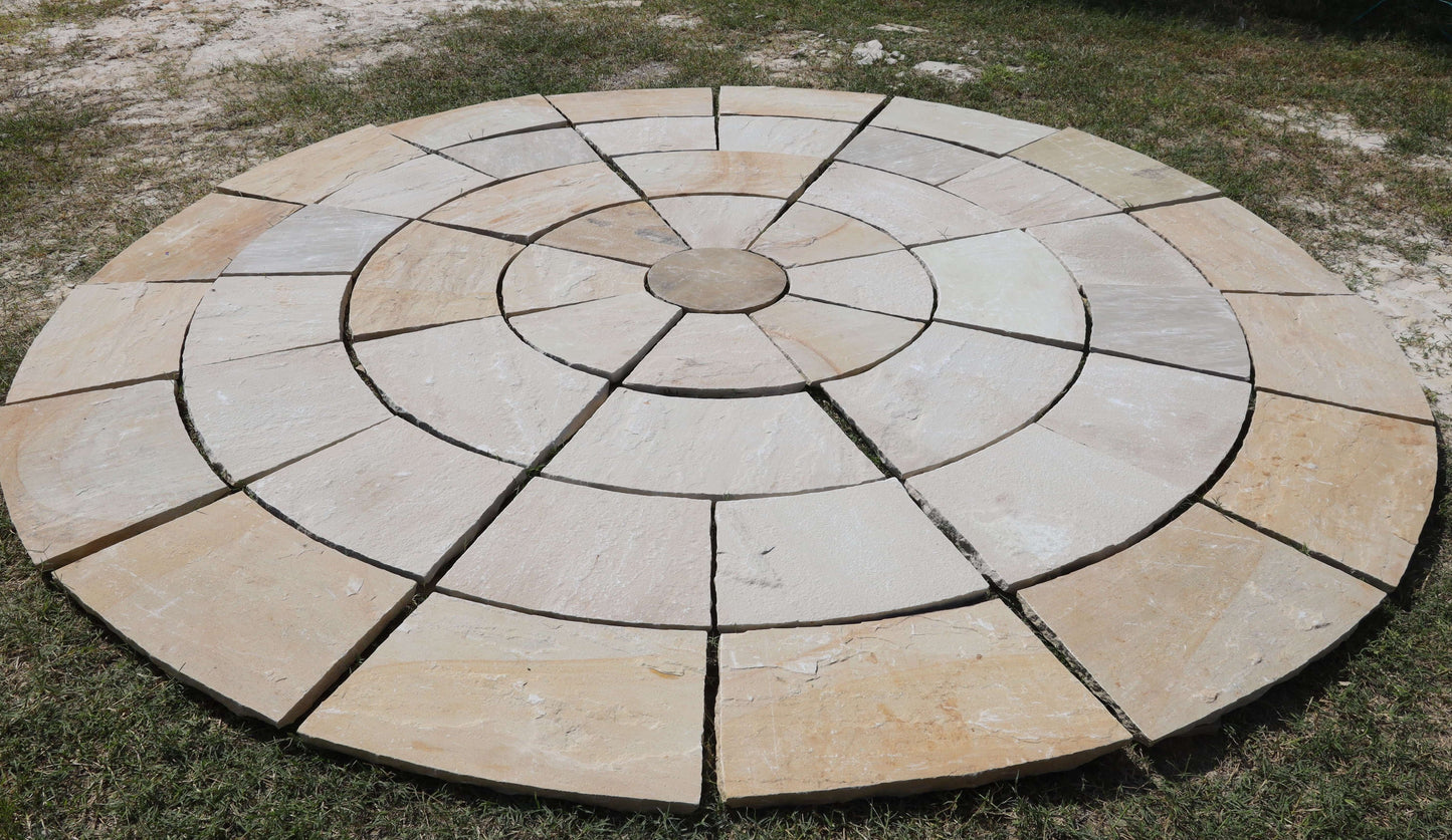 Mint Fossil sandstone circular paving stones, natural fossil patterns for patios.