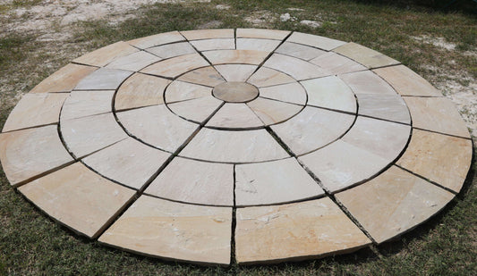 Mint Fossil sandstone circular paving stones, natural fossil patterns for patios.