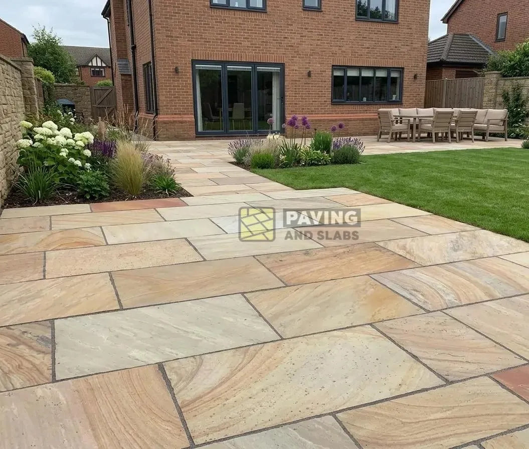 Mint Fossil Indian sandstone 900x600 paving slabs UK natural stone for garden patios