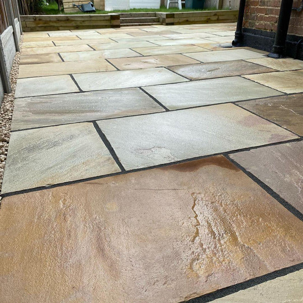 Natural Mint Fossil Indian Sandstone, riven sandstone for garden and outdoor paving.