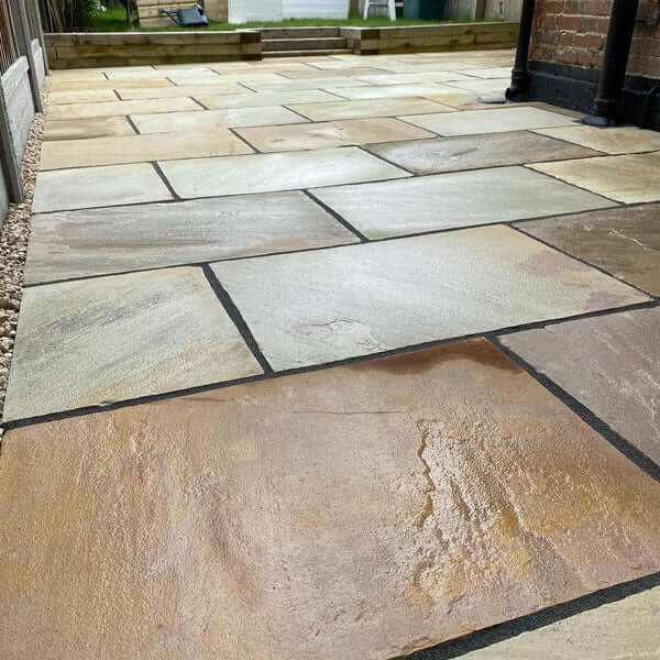 Natural Mint Fossil Indian Sandstone, riven sandstone for garden and outdoor paving.