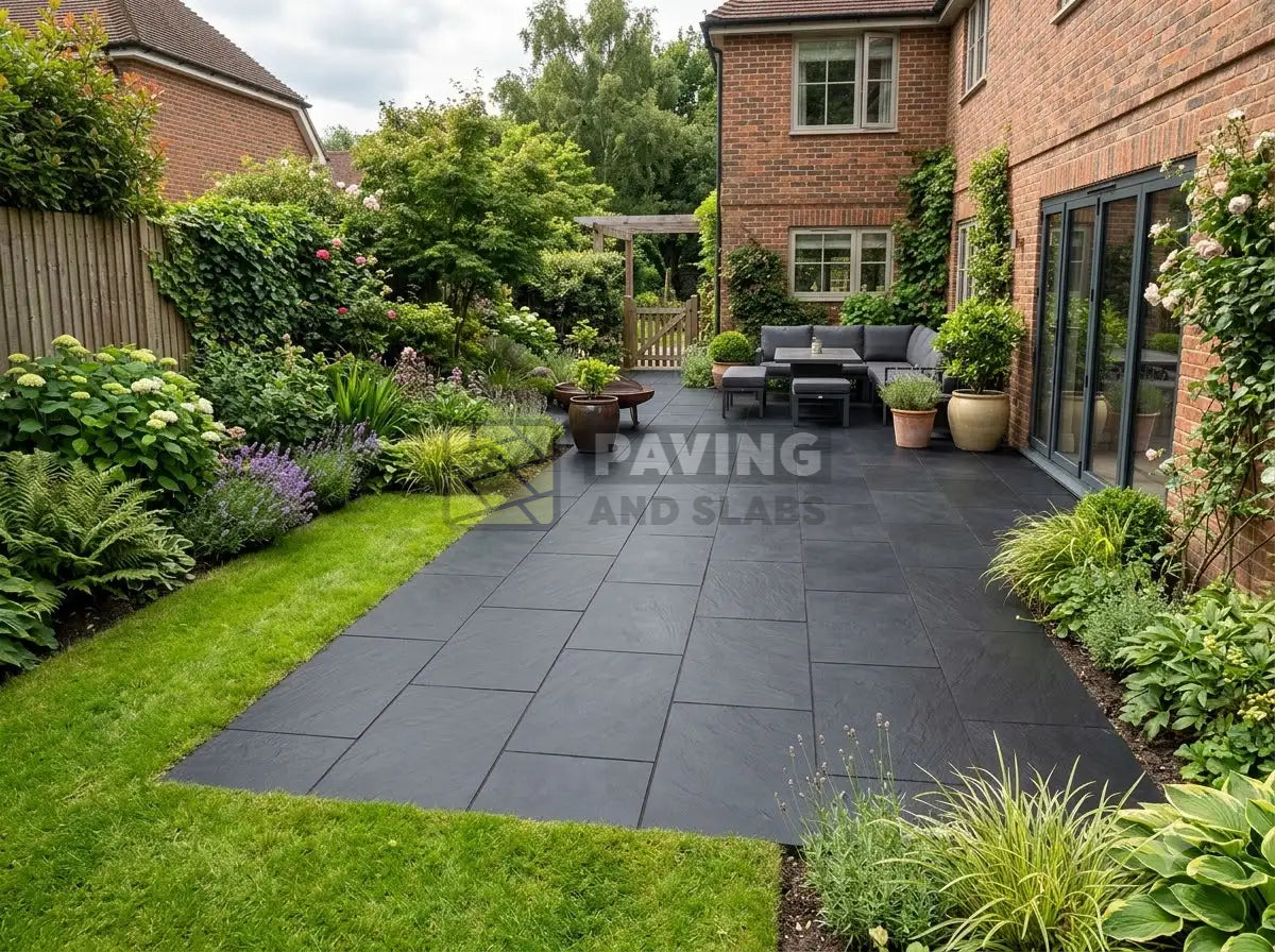 Newcastle Black outdoor porcelain paving slabs UK for modern garden patios