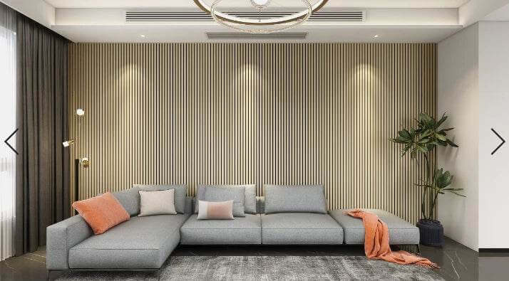 Natural oak acoustic slat wall panels installed in a modern living room interior