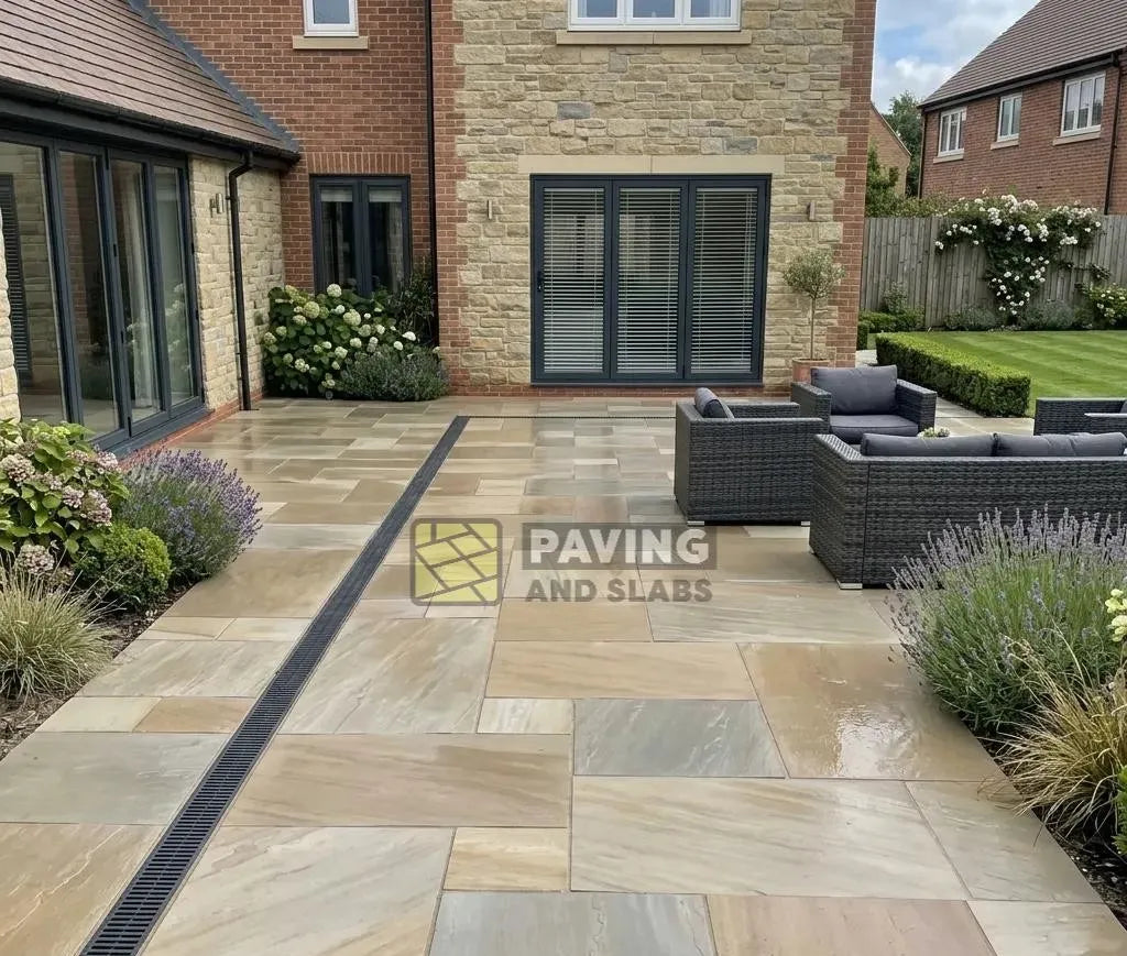 Raj Green Indian sandstone paving patio pack cheap slabs UK for garden landscaping