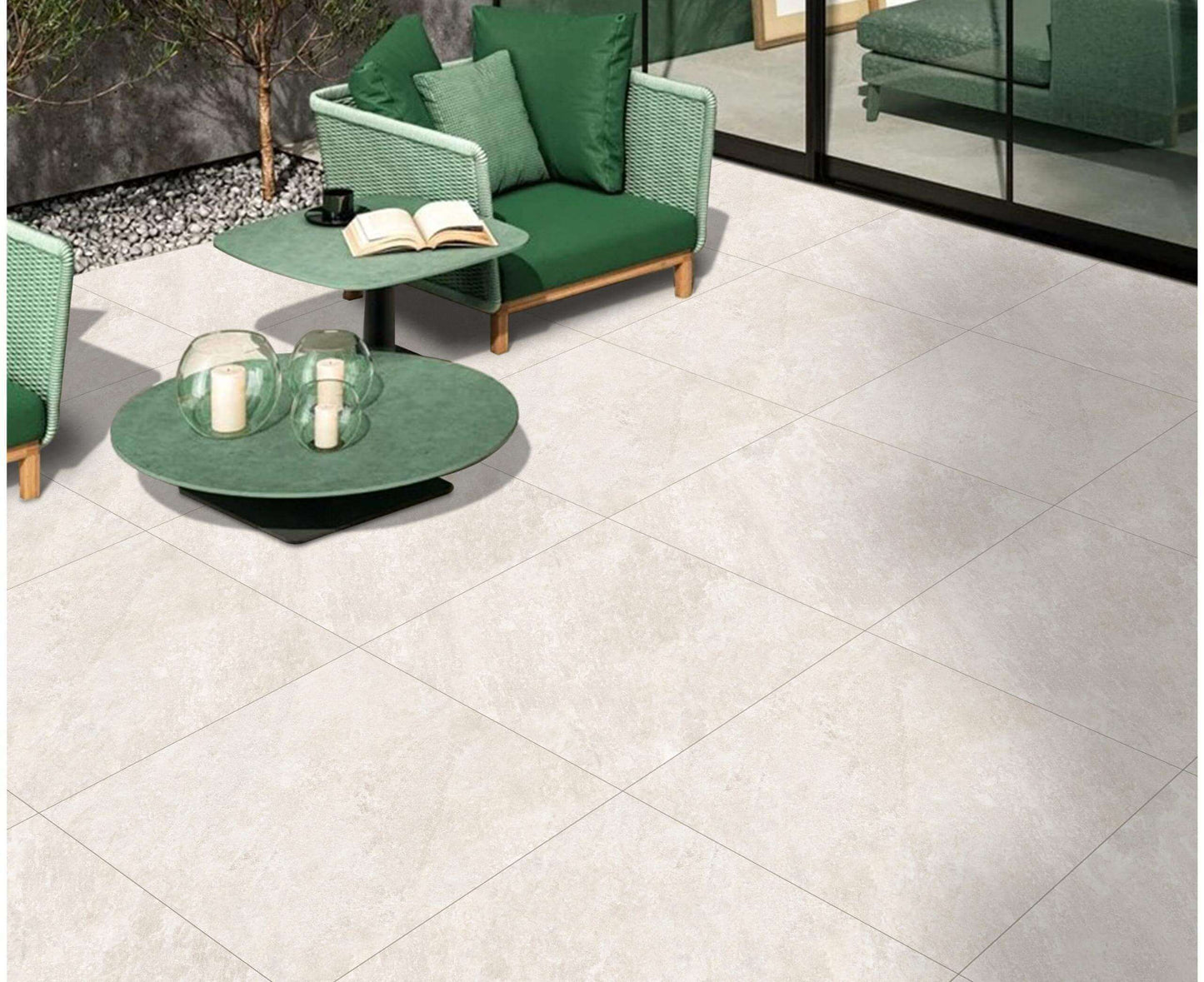 Windsor Quartz Porcelain Outdoor Tiles laid in a residential backyard UK