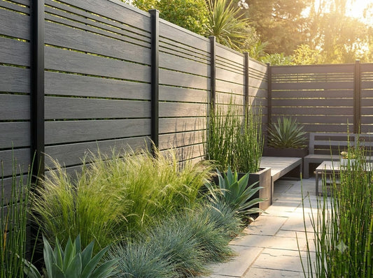 Slatted composite fencing for contemporary garden screening