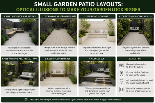 Optical illusion layout techniques for small garden patios