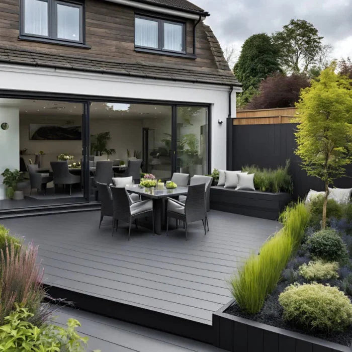Durable composite decking boards in grey, teak, and oak – low-maintenance outdoor flooring