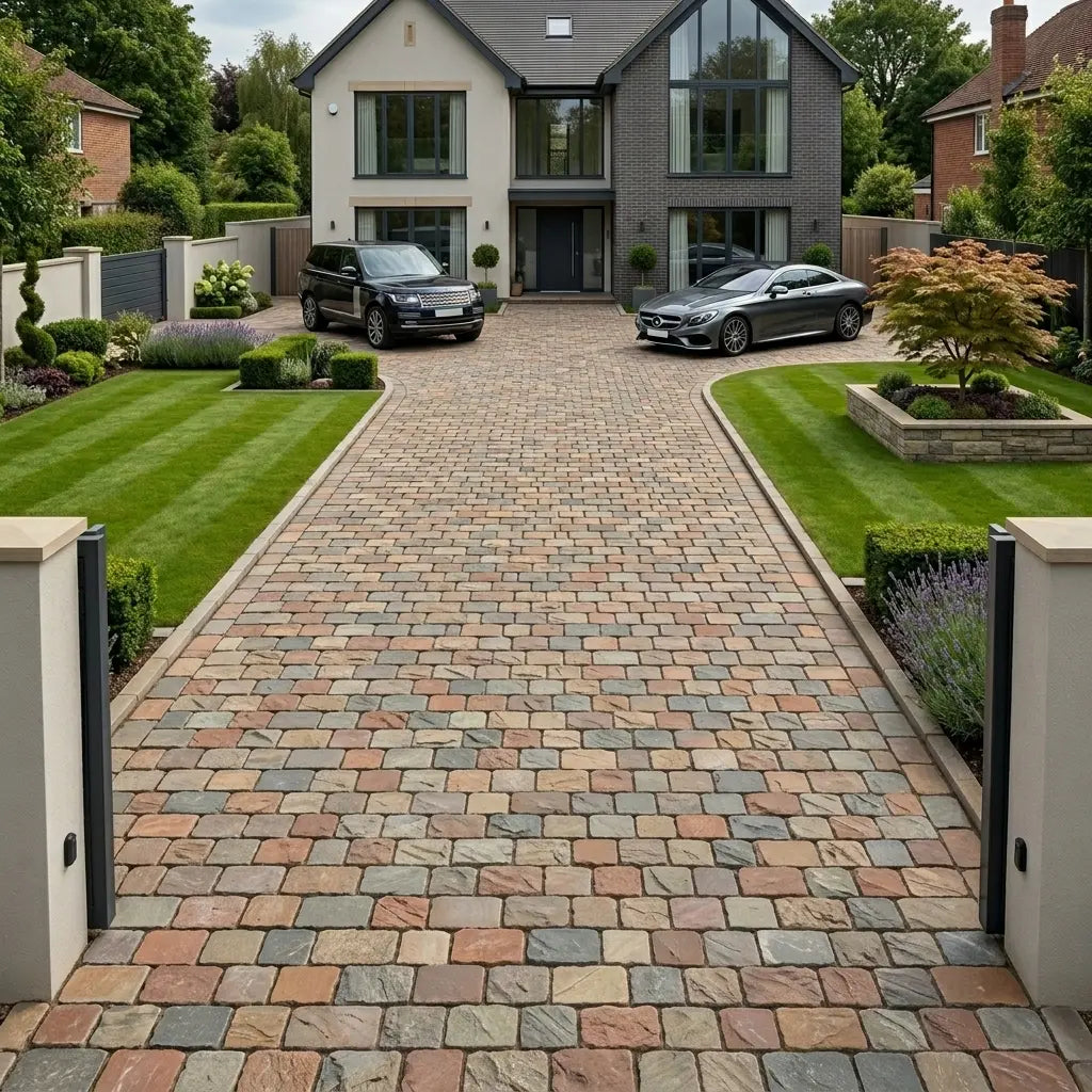 Raj Green sandstone cobbles and natural stone sett paving UK