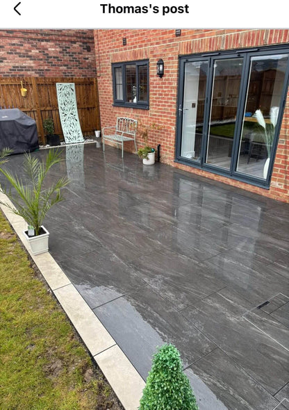 Anthracite Dark Porcelain paving Slabs installed in the outdoor garden in a house in the UK