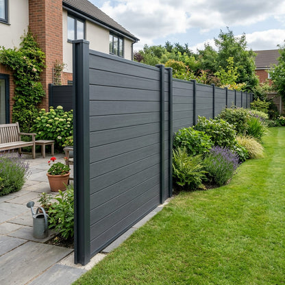 Anthracite dark grey composite fencing boards installed in garden
