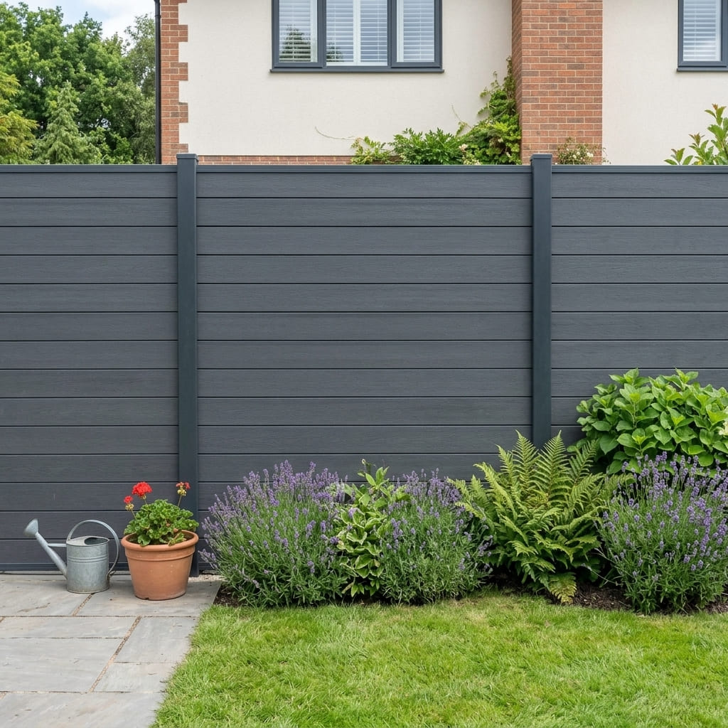 Anthracite dark composite fencing panel for outdoor privacy