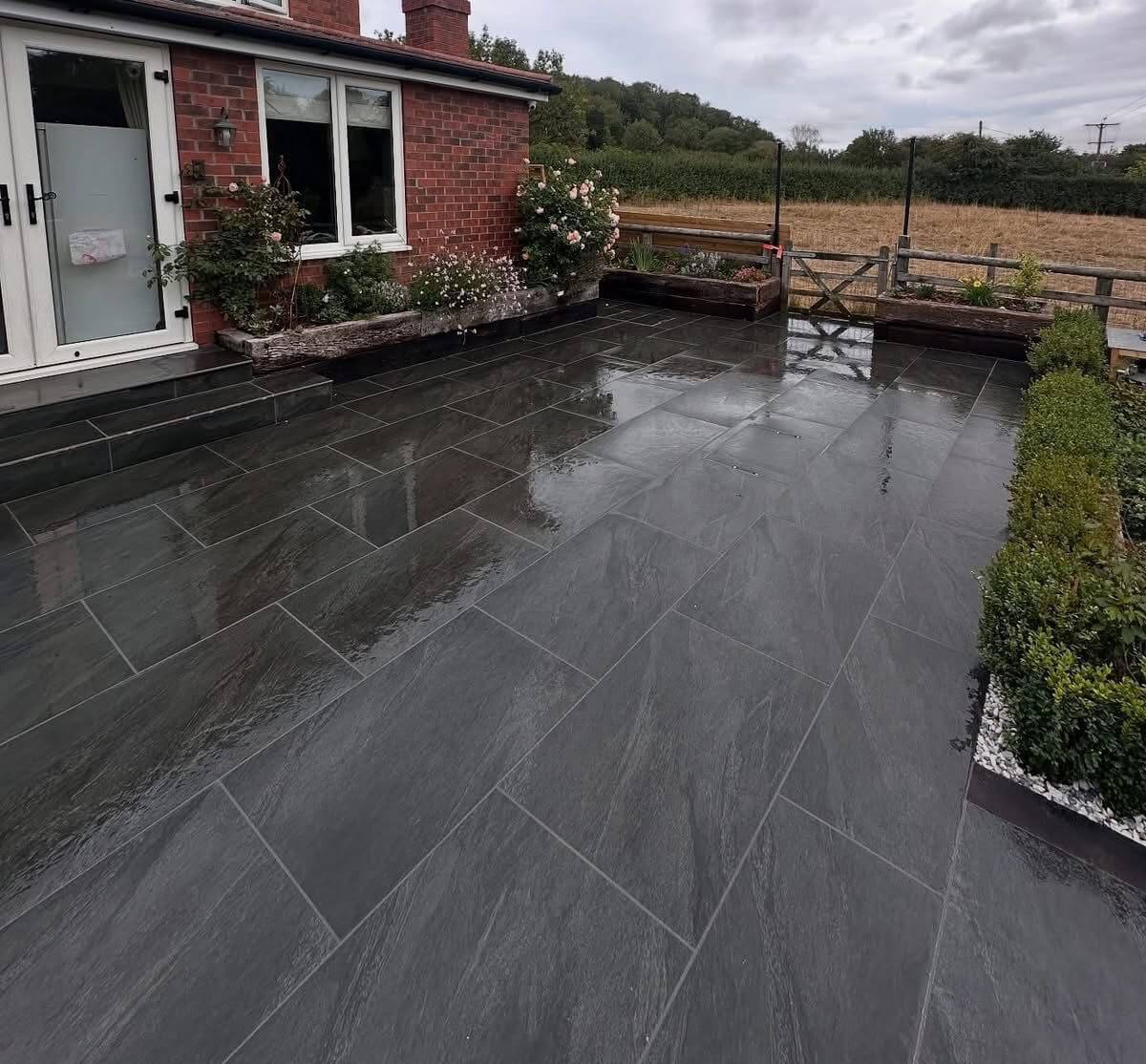 Garden paving project using Anthracite Dark porcelain paving slabs