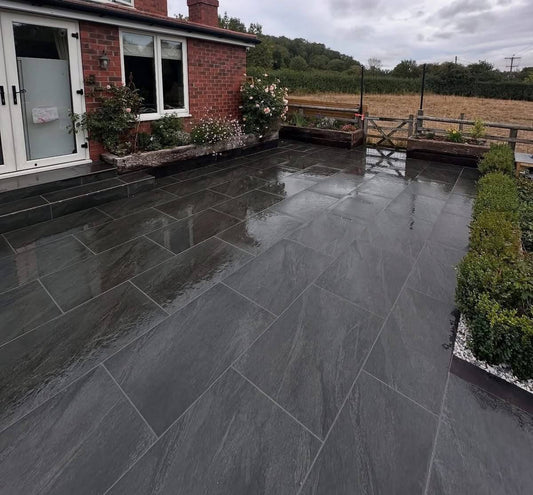 Garden paving project using Anthracite Dark porcelain paving slabs