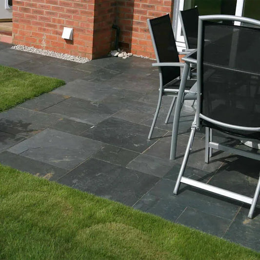 Black slate stone mix patio pack paving slabs laid in Newcastle UK