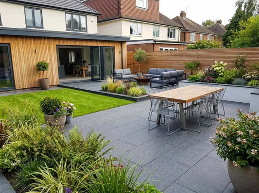 Black granite patio paving slabs pack mixed size layout on an outdoor terrace