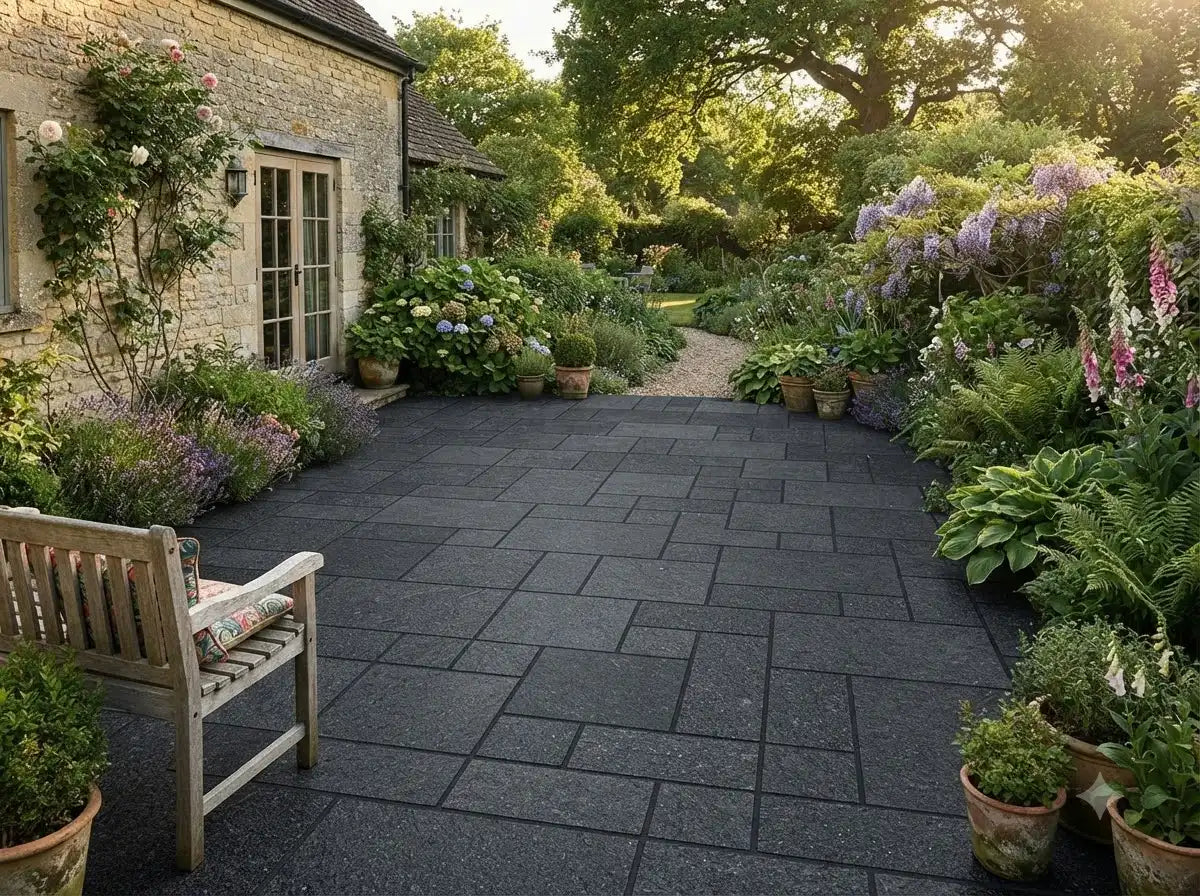 Black granite paving patio in a lush garden setting with flowers and a wooden bench.