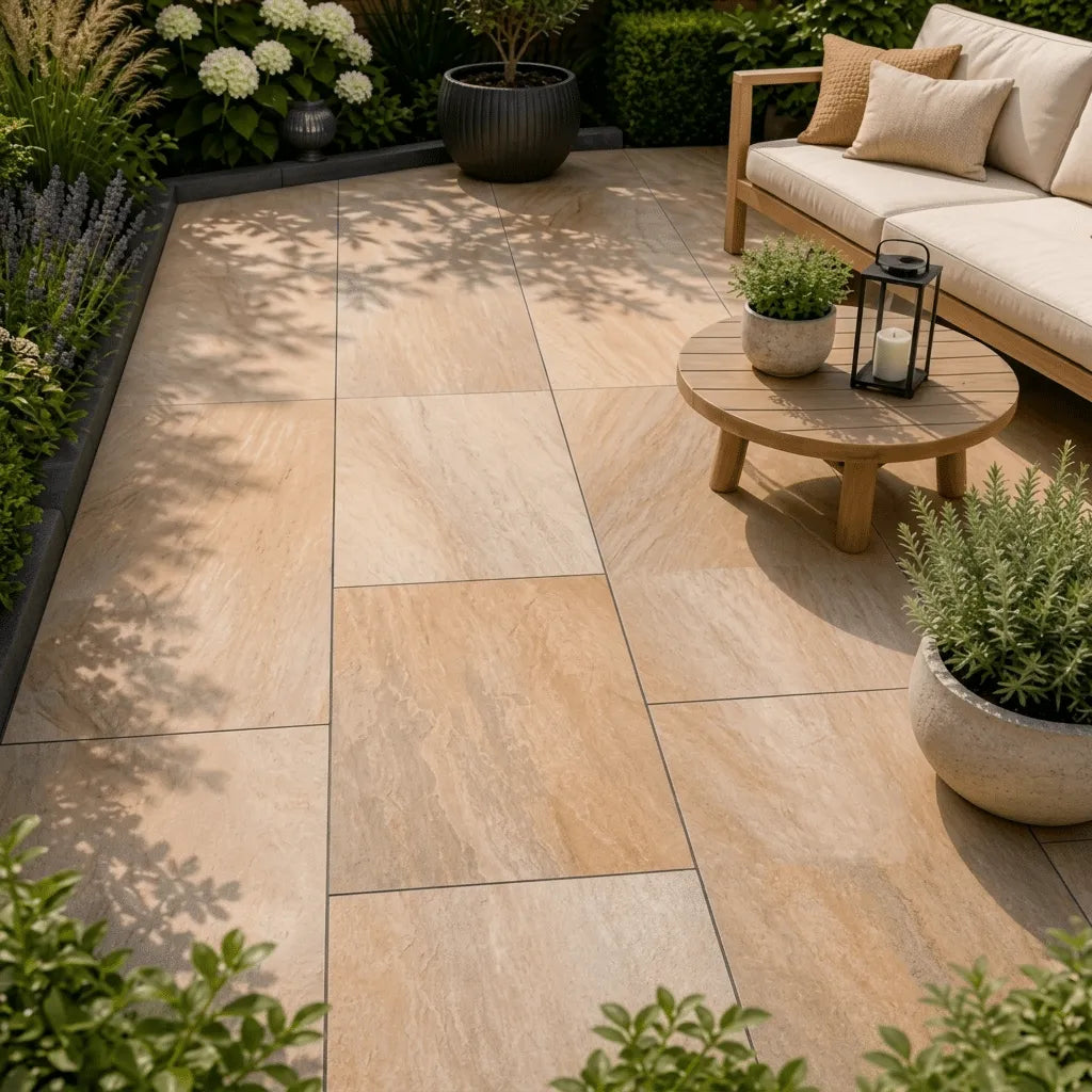 Buff porcelain paving tiles and elegant patio slabs UK for landscaping