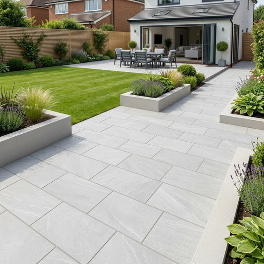 Crossover white porcelain paving slabs and modern garden patio slabs UK