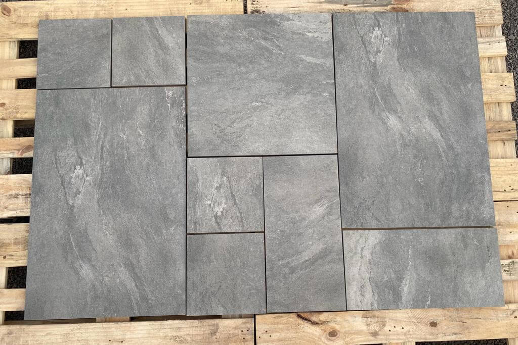 Detail view of EC Grey patio slabs installation