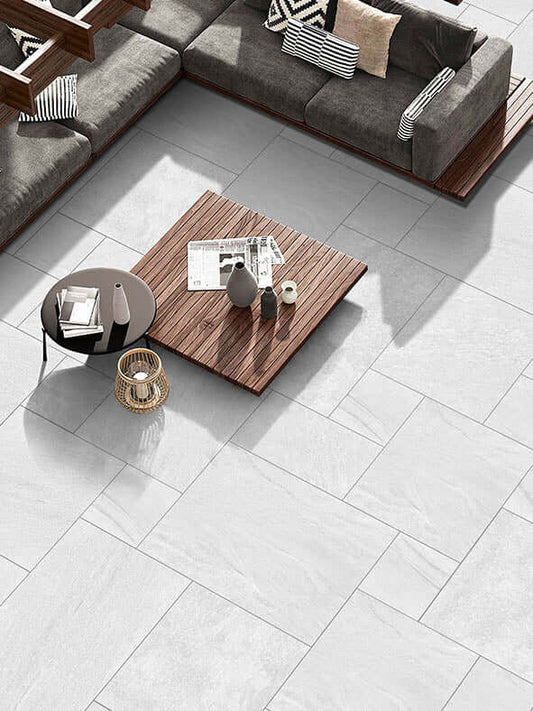 An image showing Everest pearl porcelain paving 900x600 laid in a  garden in the UK Home