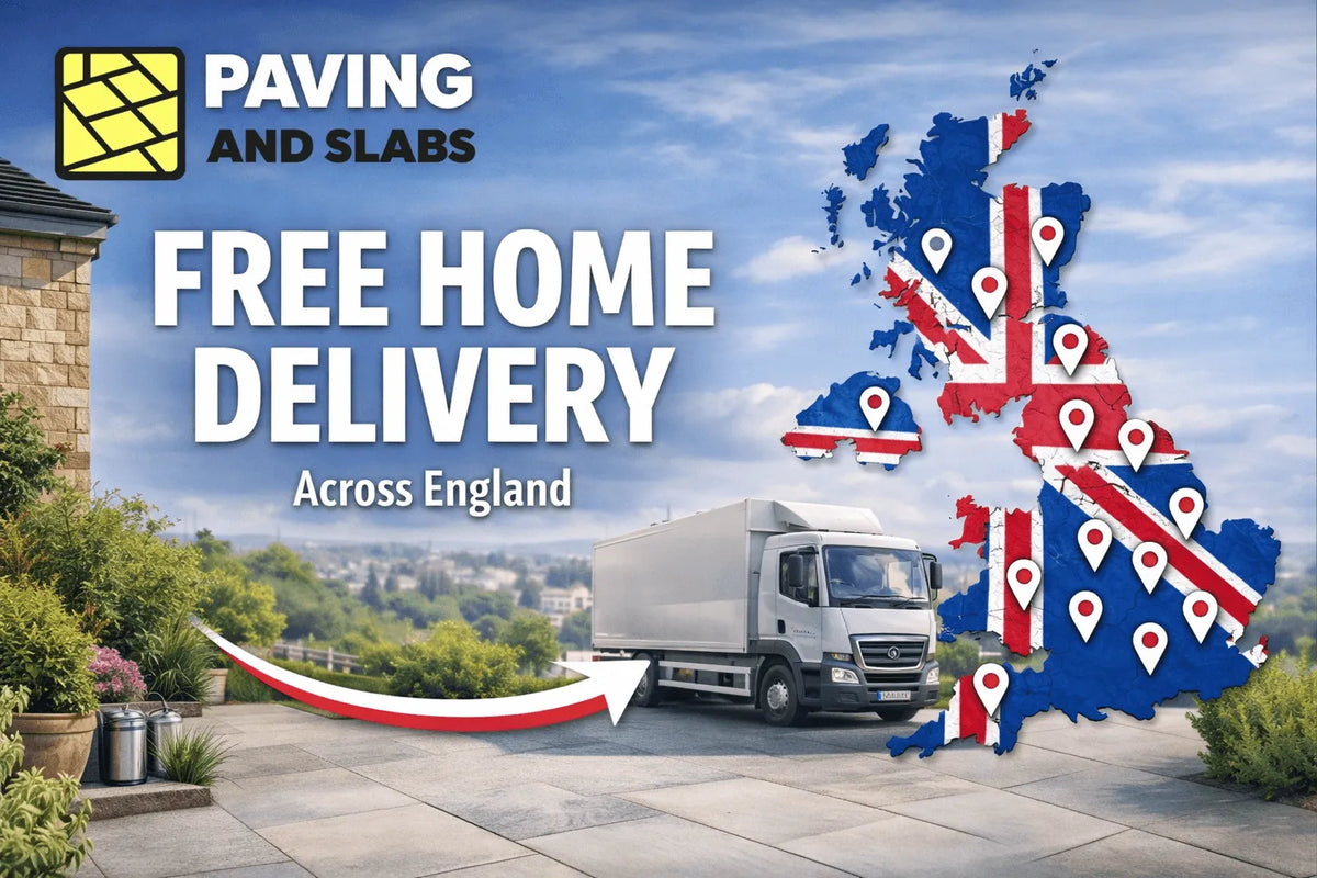 Free UK delivery truck supplying paving slabs and patio stones direct to home