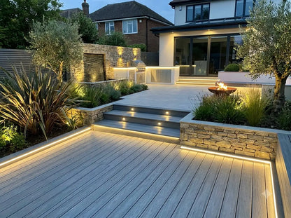 Integrated LED deck lighting on composite decking boards and patio paving UK