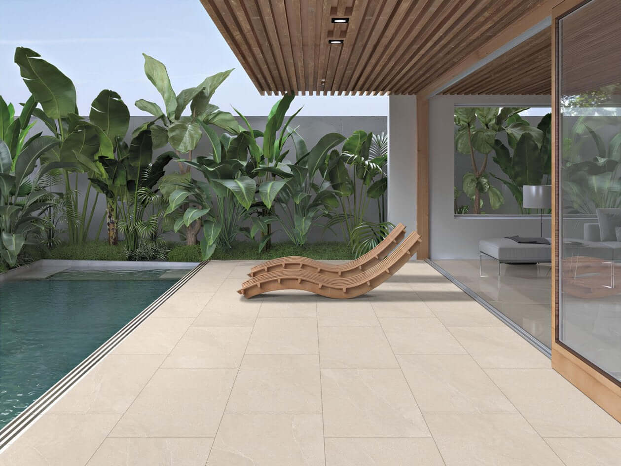 Getafi Beige paving slabs installed in a outdoor house in the UK