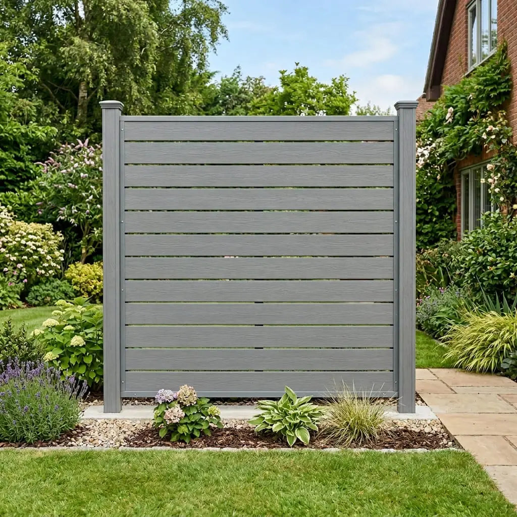 Grey composite fencing kit for modern landscaping and garden privacy in the UK
