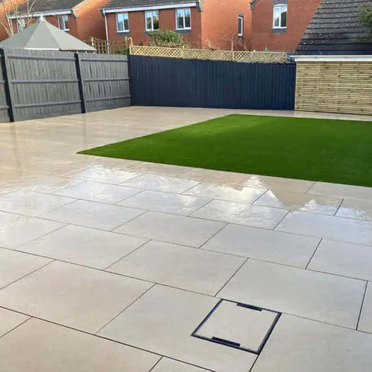 HS Beige outdoor porcelain paving slabs installed on a modern UK patio