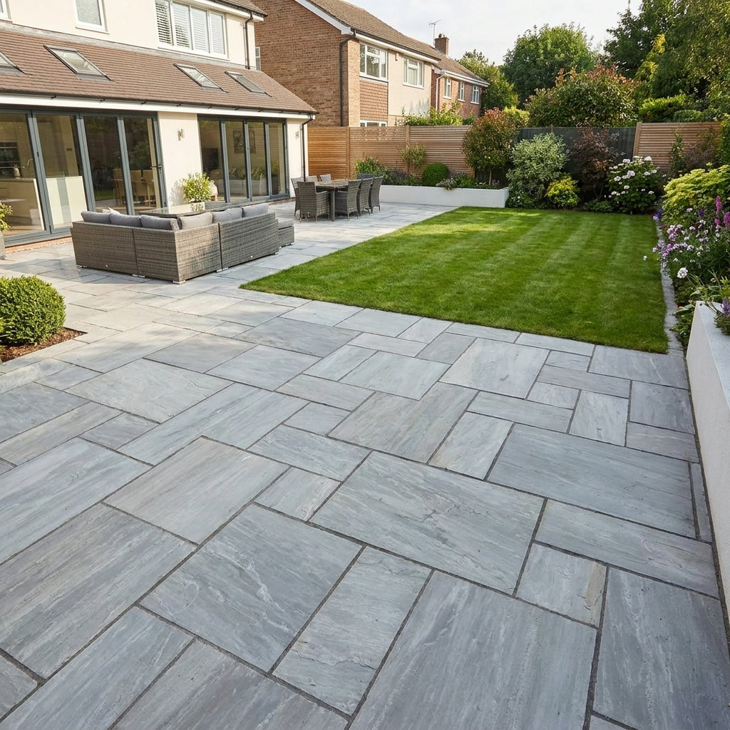 Kandla Grey Indian Sandstone Patio Pack Paving (64 Pcs, 18.72 SQM)