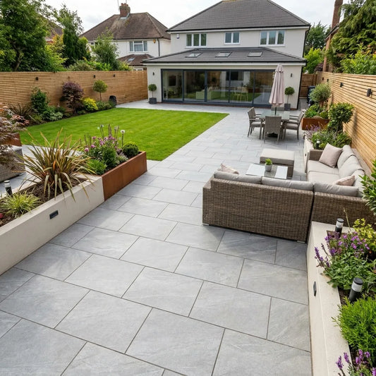 Lava grey porcelain paving slabs and durable outdoor patio slabs UK