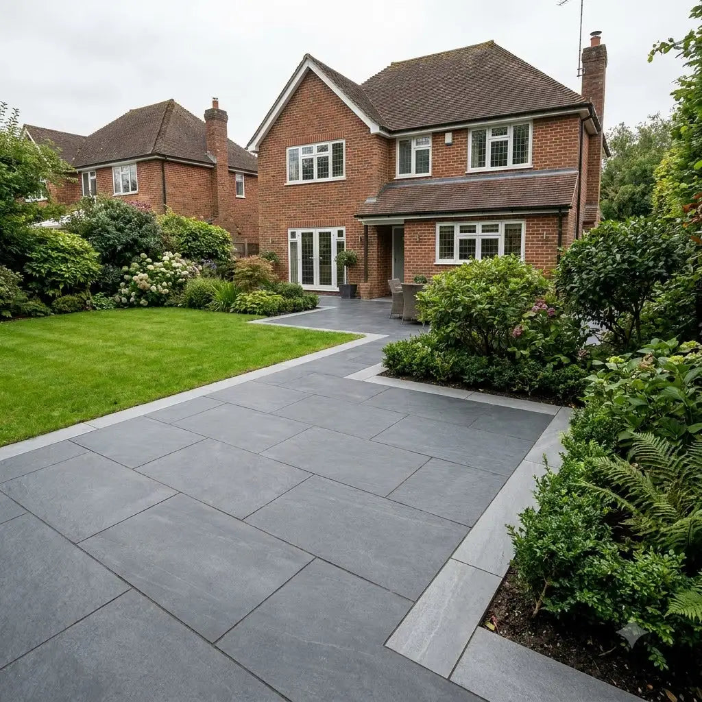 Kandla grey porcelain garden lawn edging stones (90x20 cm) installed along a paved driveway and lawn border.