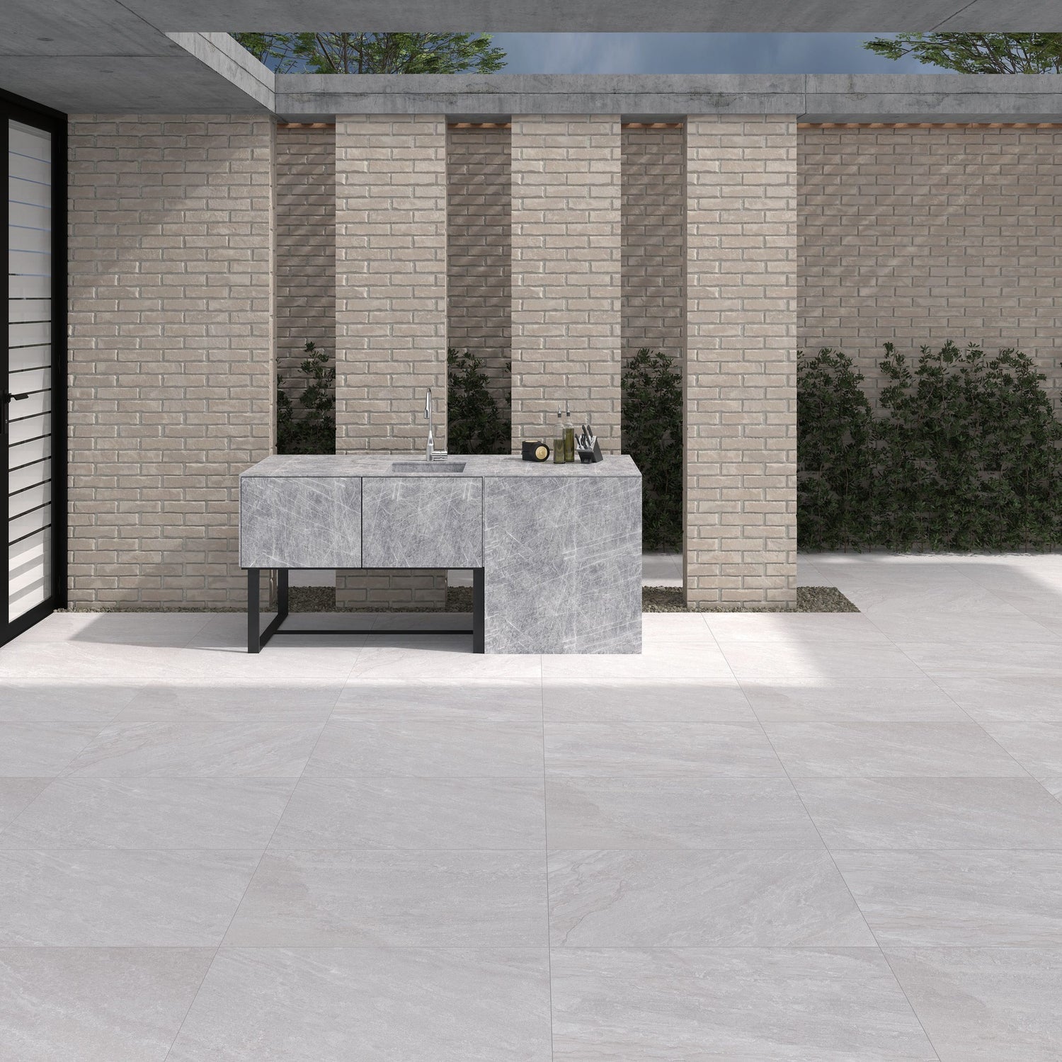 Computer generated Image of Rasa White Porcelain Paving Slabs for the looks in the UK Garden