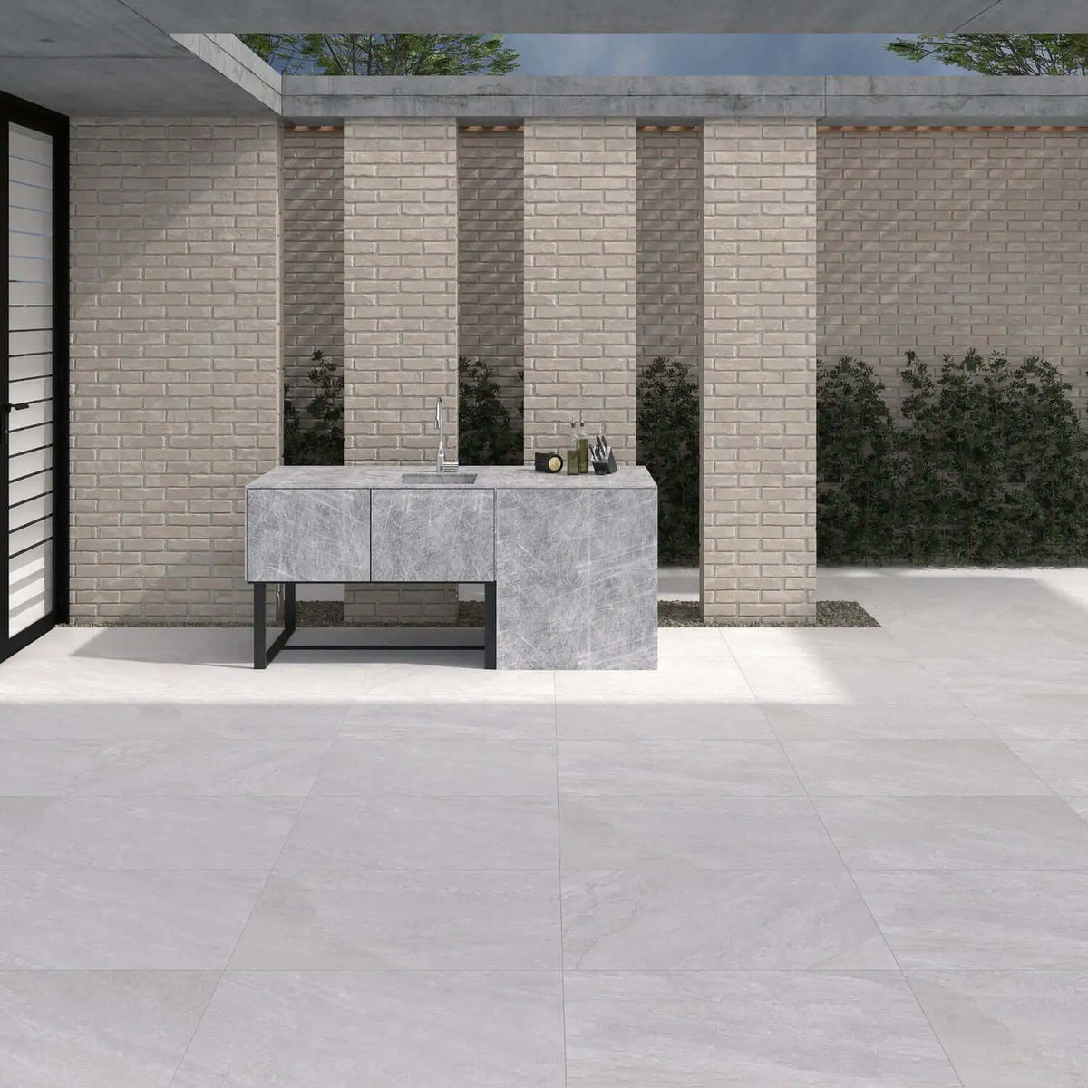 Rasa White porcelain paving slabs 3D render preview in a modern UK garden setting
