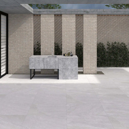 Rasa White porcelain paving slabs 3D render preview in a modern UK garden setting