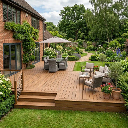 Teak composite decking boards for low-maintenance garden flooring and outdoor living spaces UK