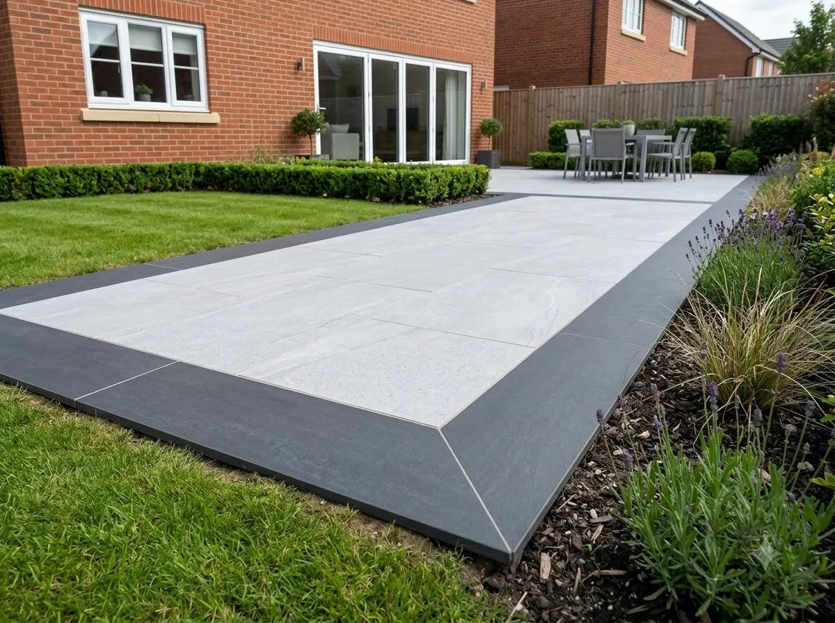 Dark anthracite grey porcelain garden border edging slabs (90x20 cm) installed around a modern patio bed.
